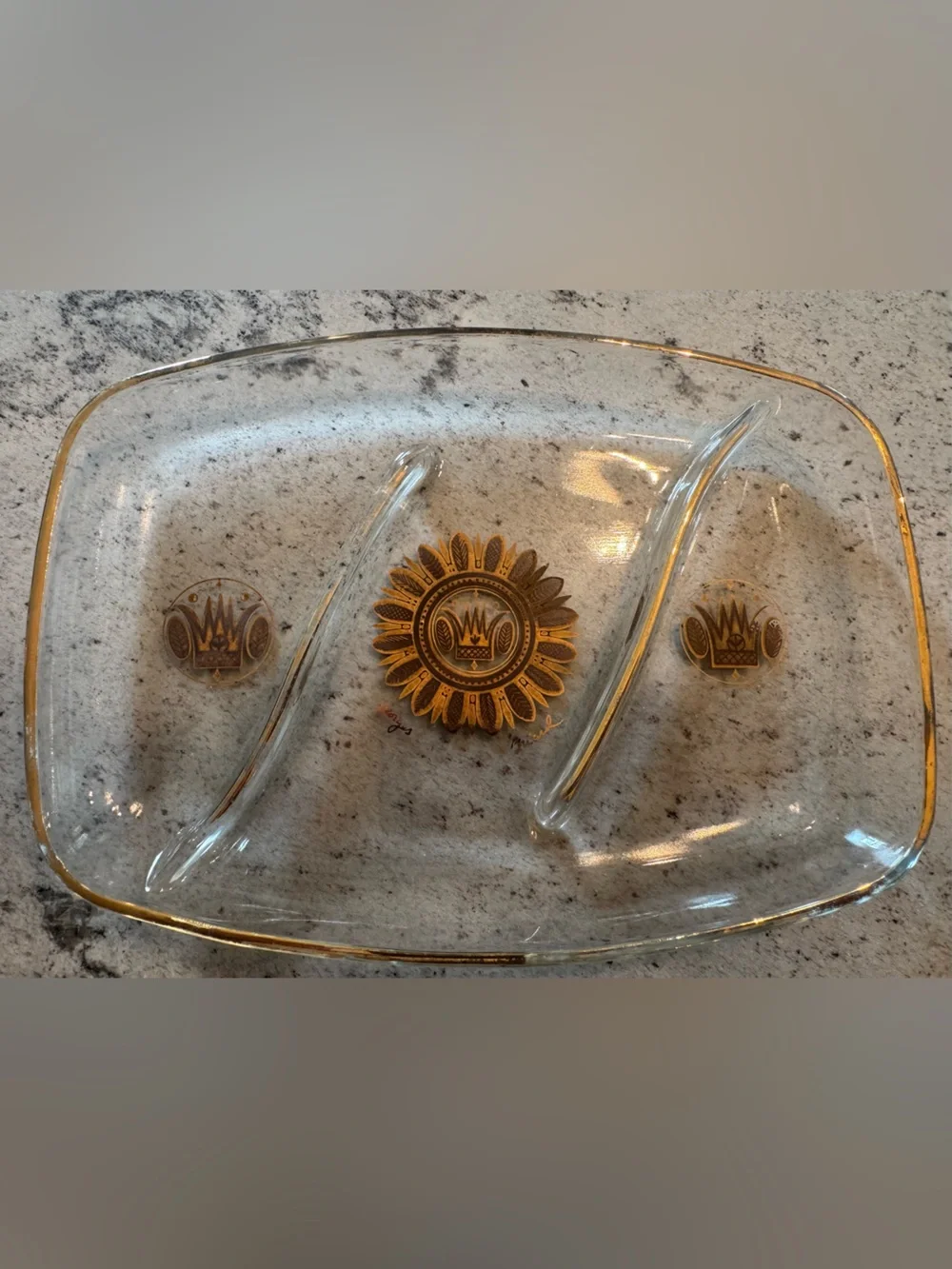 Gold-Trim Clear Glass Divided Serving Tray with Sunburst Medallions
